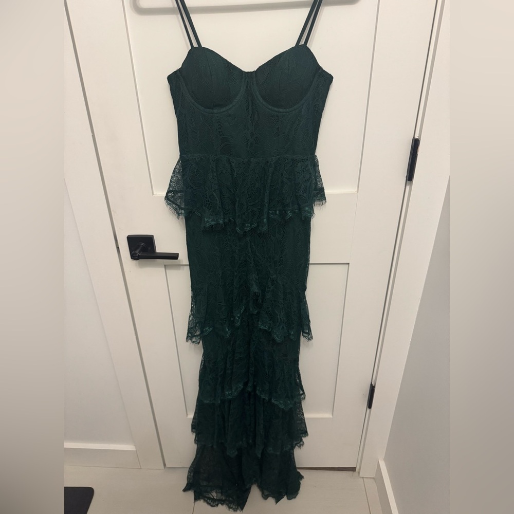 MAJORELLE Zelda Fitz Gown in Dark Green. Worn once.